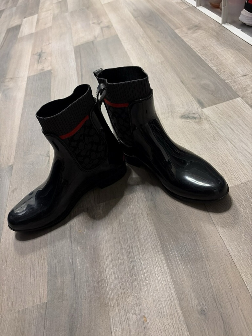 Coach Black Patent Rain Ankle Booties with Red Trim - Picture 4 of 4